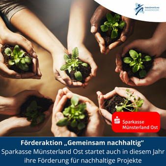 Sieben Paar Hände halten einen Haufen Erde mit kleinen Pflanzen in die Mitte.